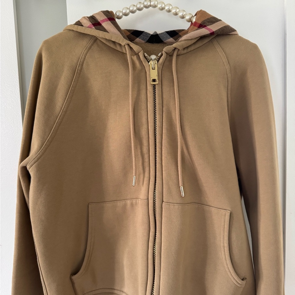 Burberry Camel zip up hoodie with plaid print hood
